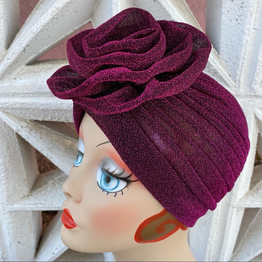 Magenta metallic sparkling flower turban glam hat Pinup